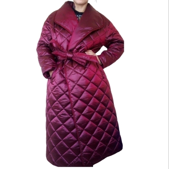 Cleo Women's Belted Quilted Puffer Trench Coat Maroon Red Large - Picture 4 of 10